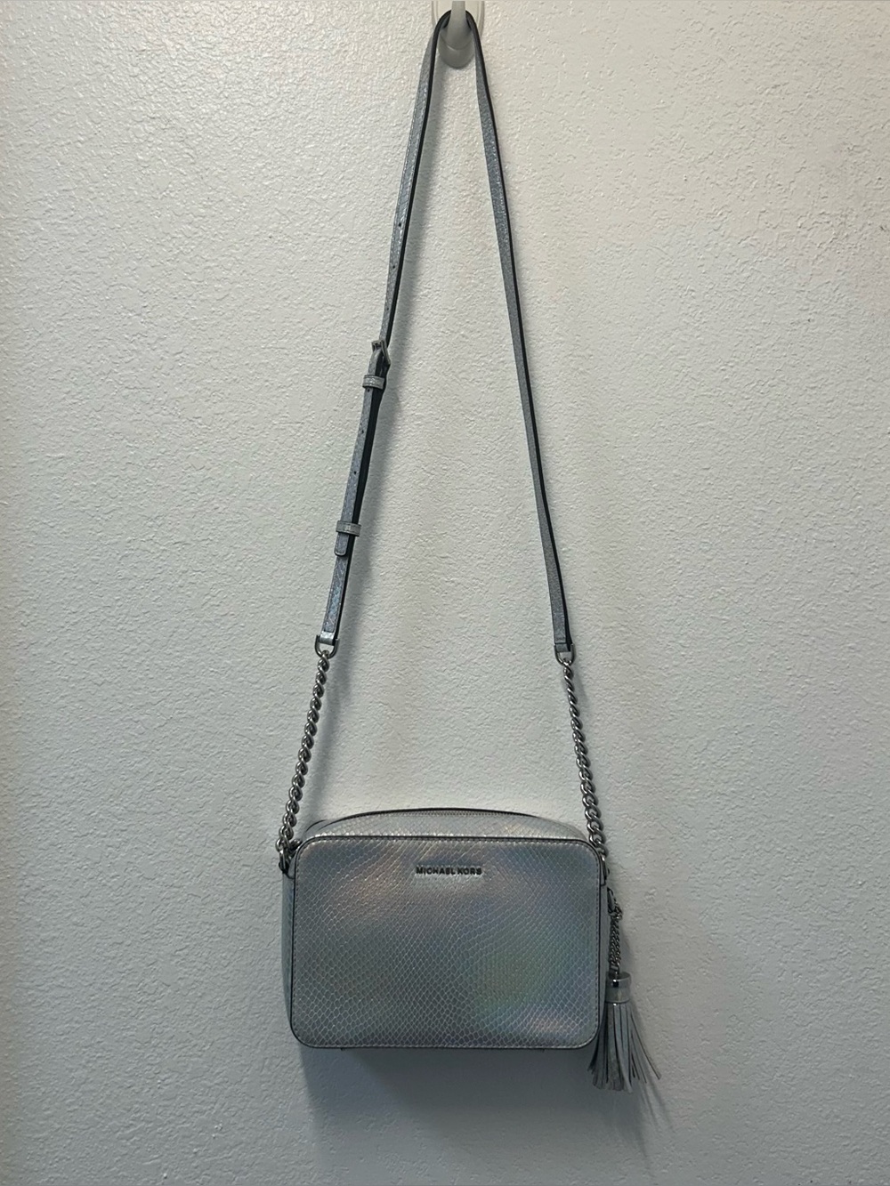Michael Kors Ginny Iridescent Embossed Silver Crossbody Bag
